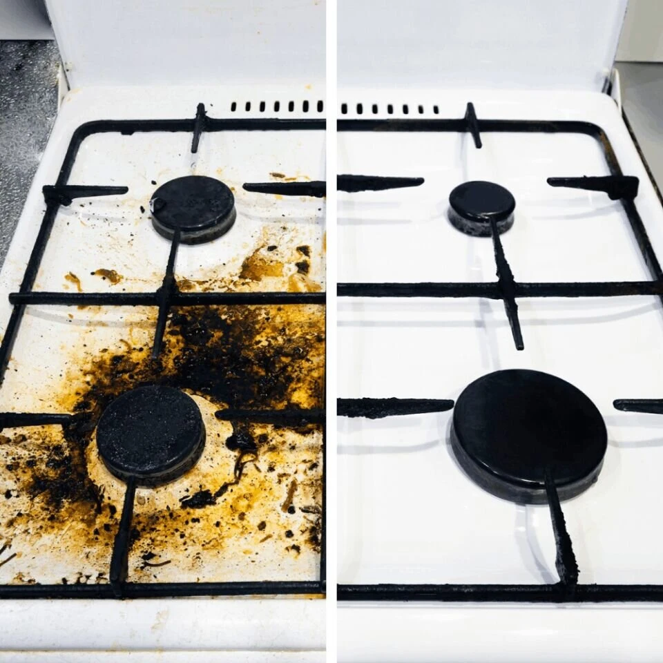 Merchant-supplied comparison of a residue-covered gas stovetop and a clean stovetop.